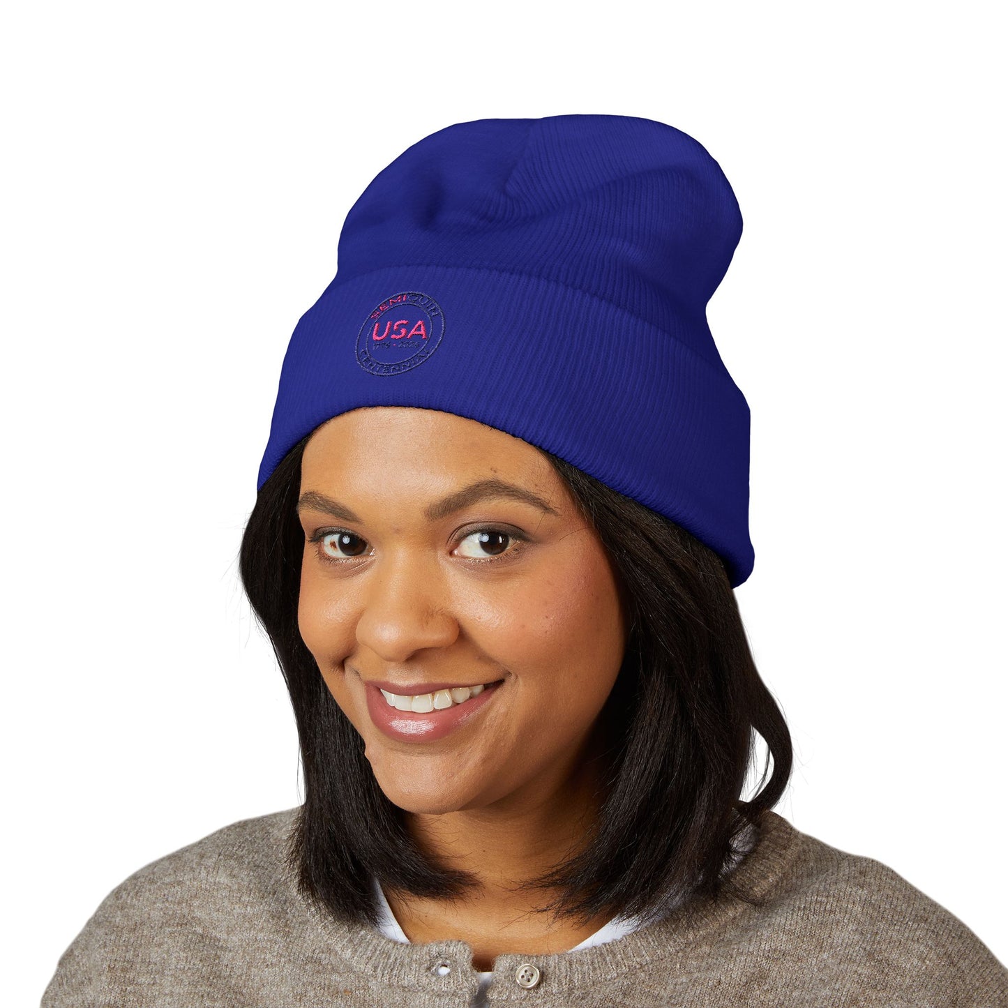 SemiQuin Classic Cuffed Beanie | USA Centennial Embroidered Winter Hat, Patriotic Gift