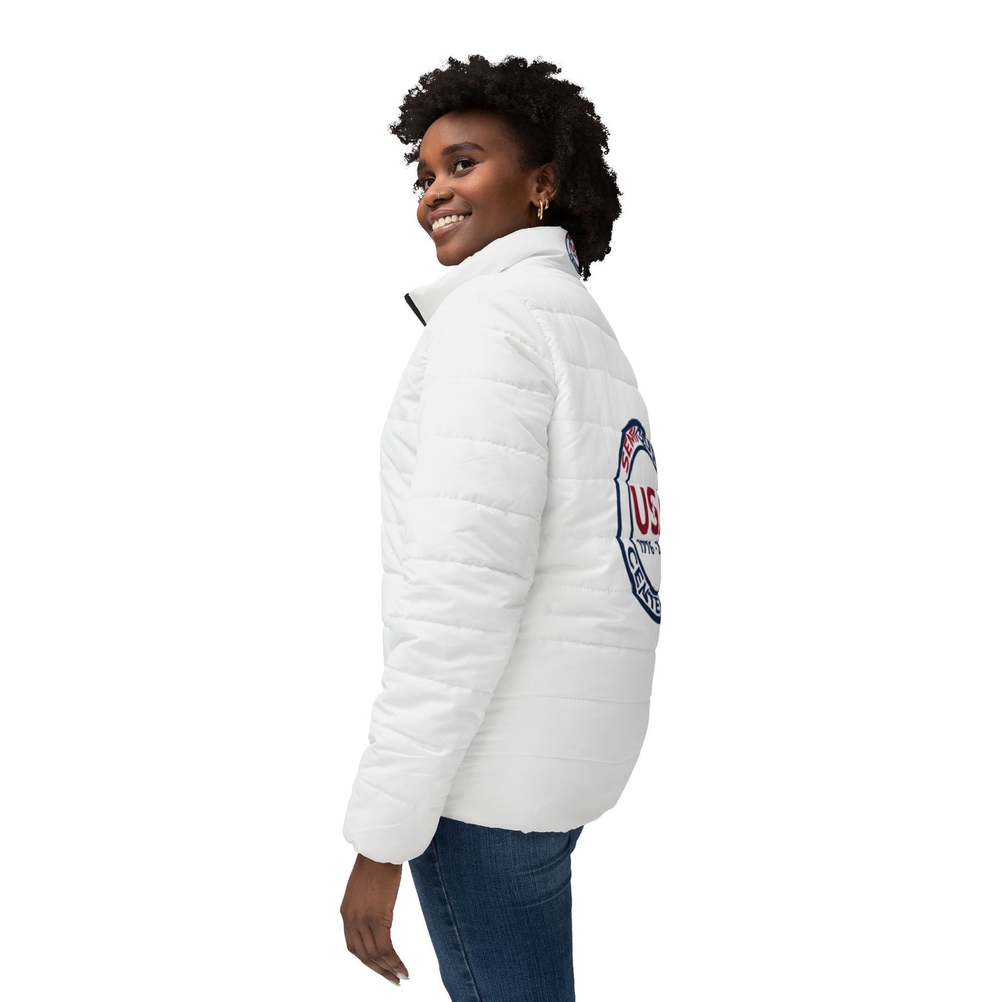 Stylish Women’s USA Puffer Jacket | SemiQuin Centennial Outerwear, Winter Coat, Patriotic Fashion, Outdoor Gear, Holiday Gift for Her