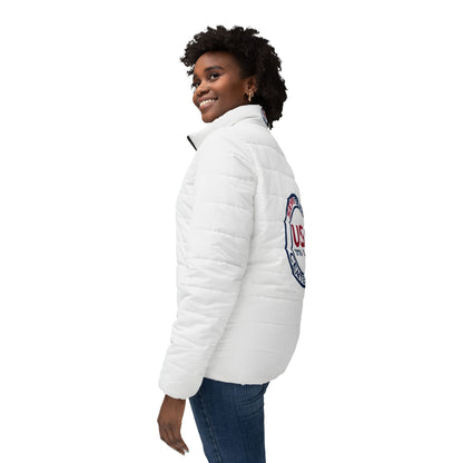 Stylish Women’s USA Puffer Jacket | SemiQuin Centennial Outerwear, Winter Coat, Patriotic Fashion, Outdoor Gear, Holiday Gift for Her