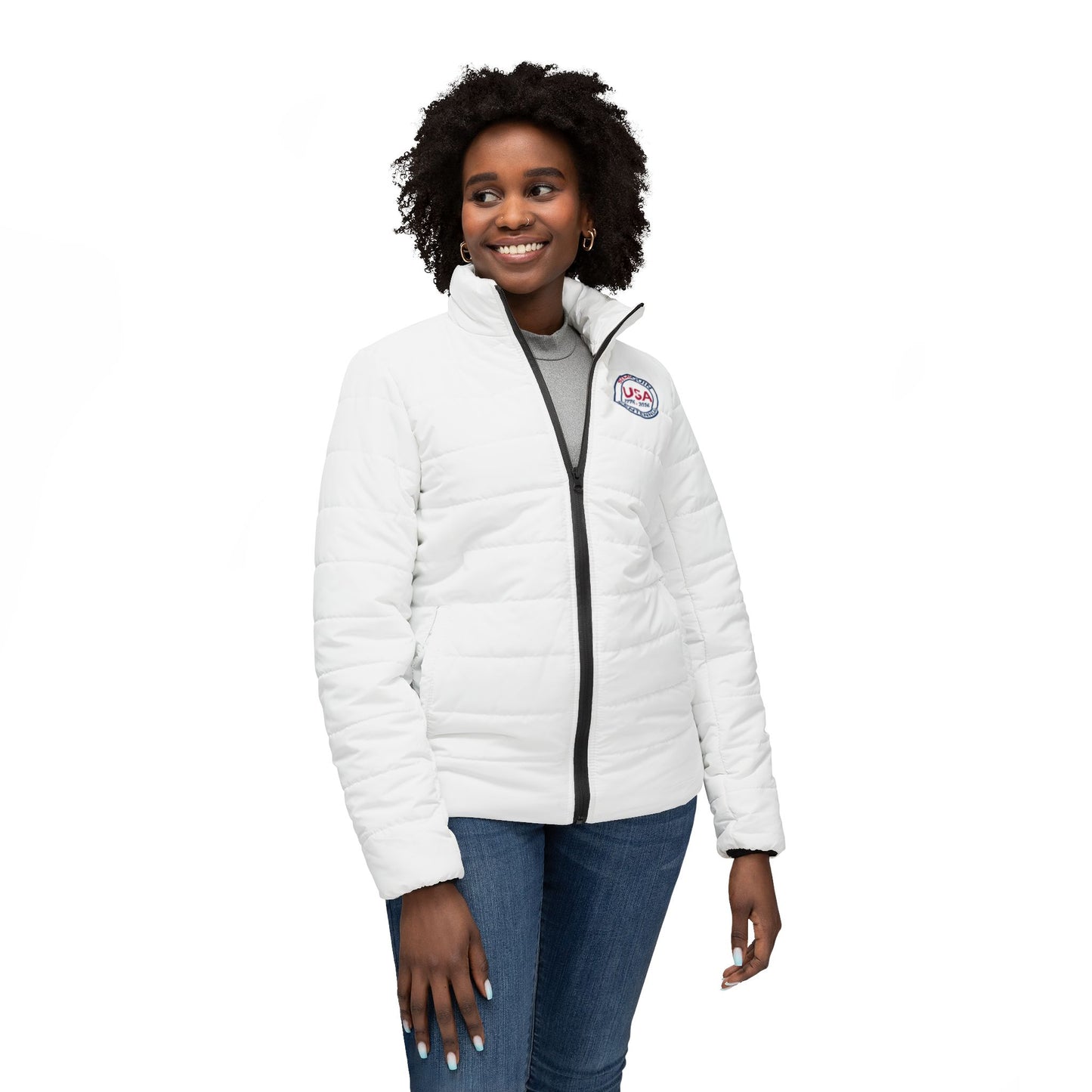 Stylish Women’s USA Puffer Jacket | SemiQuin Centennial Outerwear, Winter Coat, Patriotic Fashion, Outdoor Gear, Holiday Gift for Her