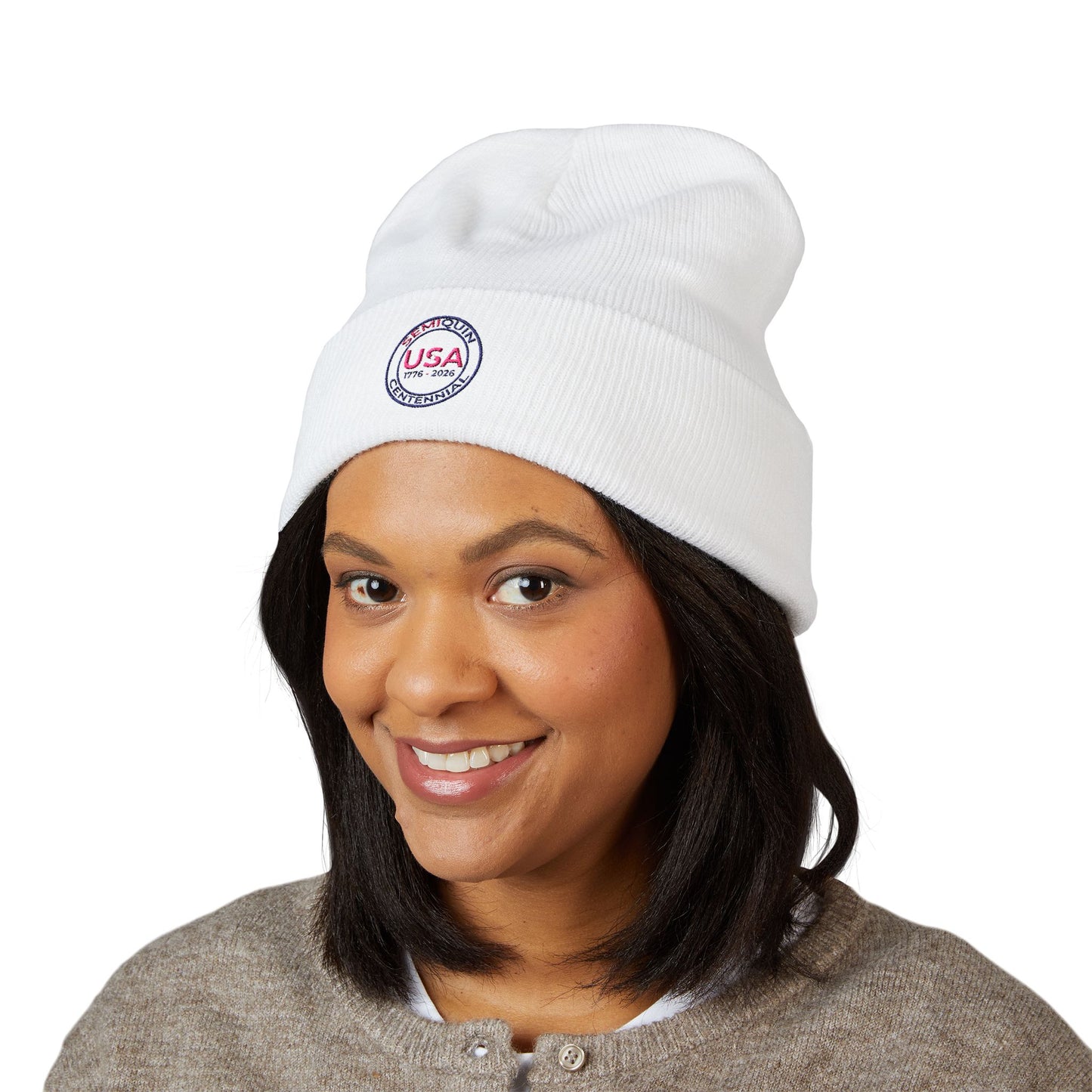 SemiQuin Classic Cuffed Beanie | USA Centennial Embroidered Winter Hat, Patriotic Gift