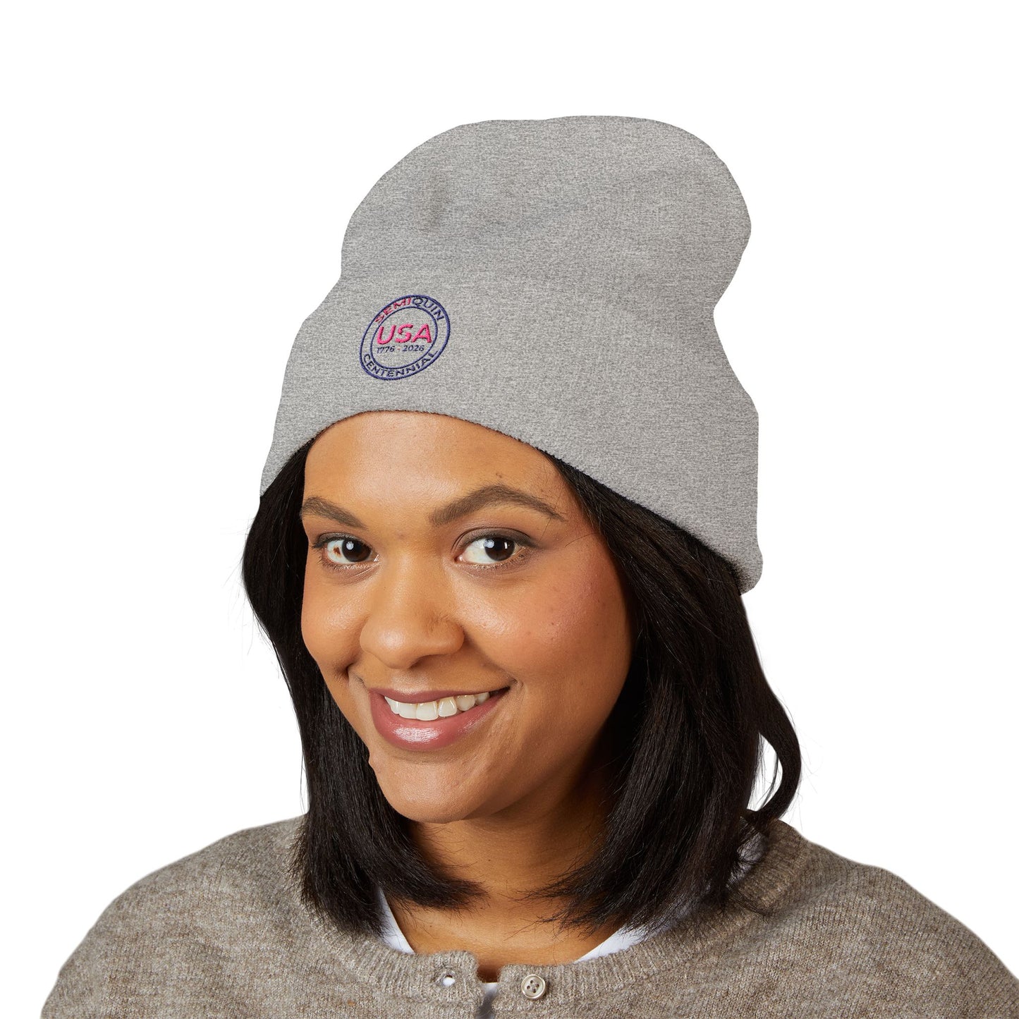SemiQuin Classic Cuffed Beanie | USA Centennial Embroidered Winter Hat, Patriotic Gift