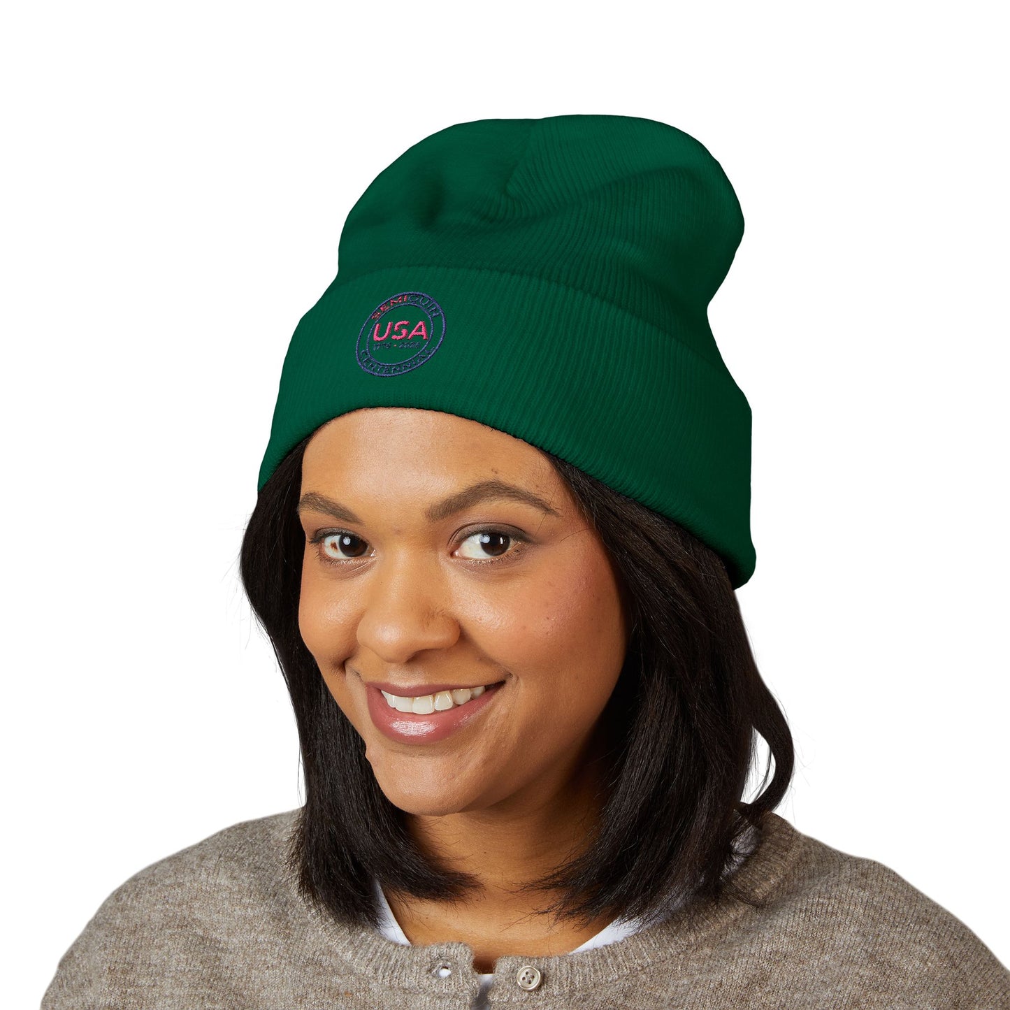 SemiQuin Classic Cuffed Beanie | USA Centennial Embroidered Winter Hat, Patriotic Gift