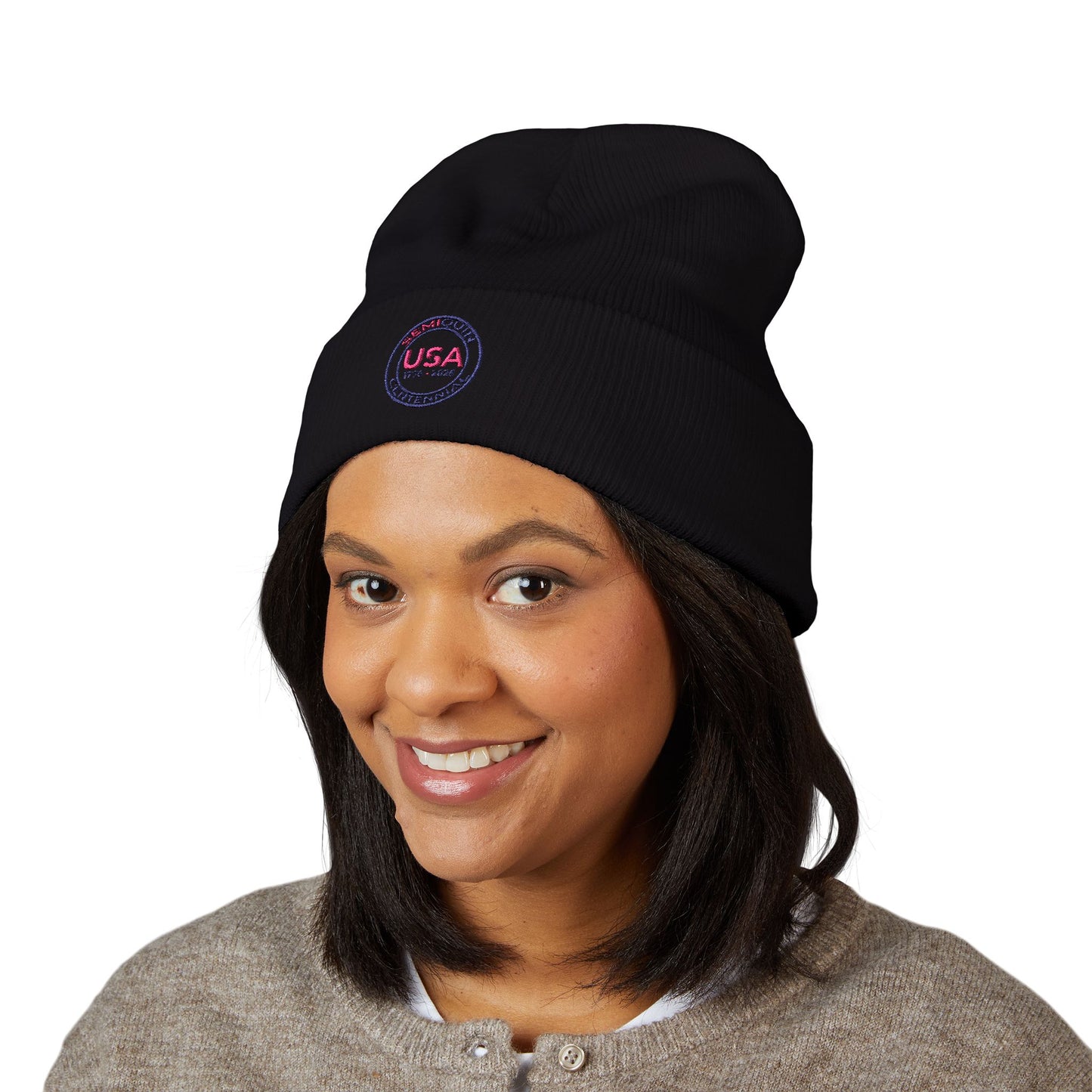 SemiQuin Classic Cuffed Beanie | USA Centennial Embroidered Winter Hat, Patriotic Gift