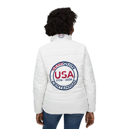 Stylish Women’s USA Puffer Jacket | SemiQuin Centennial Outerwear, Winter Coat, Patriotic Fashion, Outdoor Gear, Holiday Gift for Her